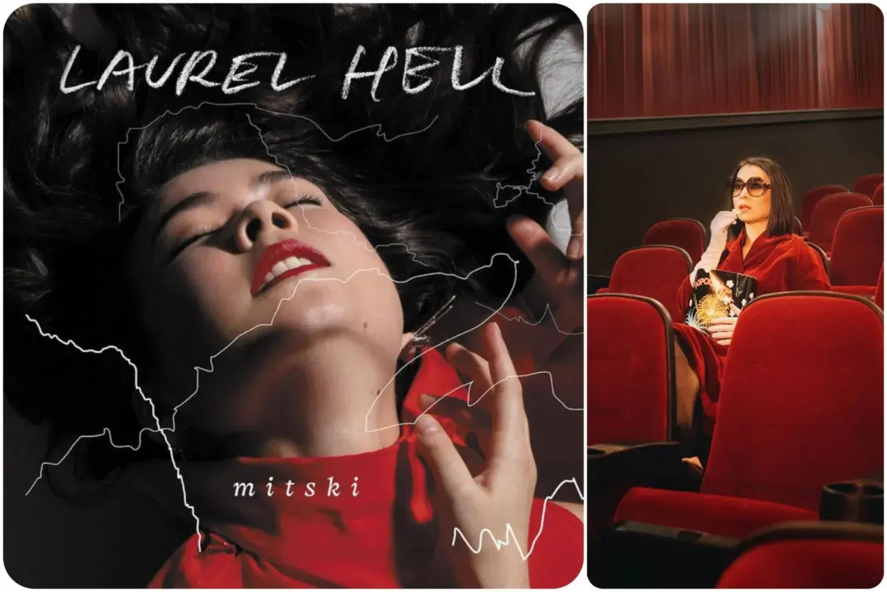 Okładka albumu "Laurel Hell" Mitski i artystka w kinie z popcornem.