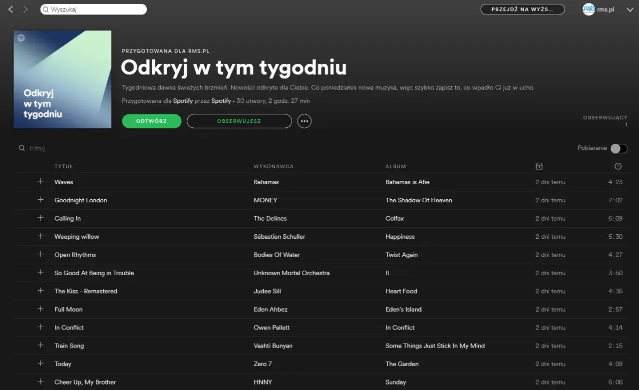 Odkryj w tym tygodniu - playlisty z idealnymi piosenkami alfabetycznie, od "Calling In" po "Waves".