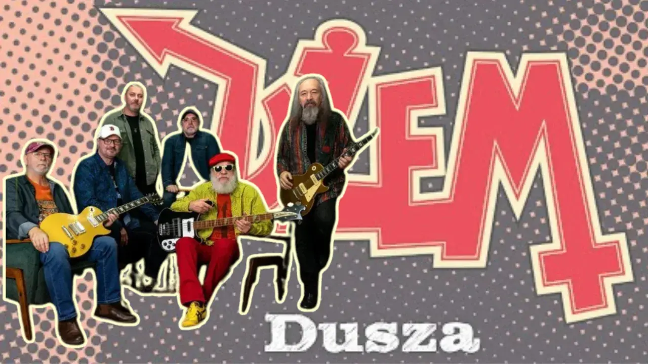 Zespół Dżem, grający piosenki alfabetycznie, pozuje z gitarami. W tle duży napis "Dżem".