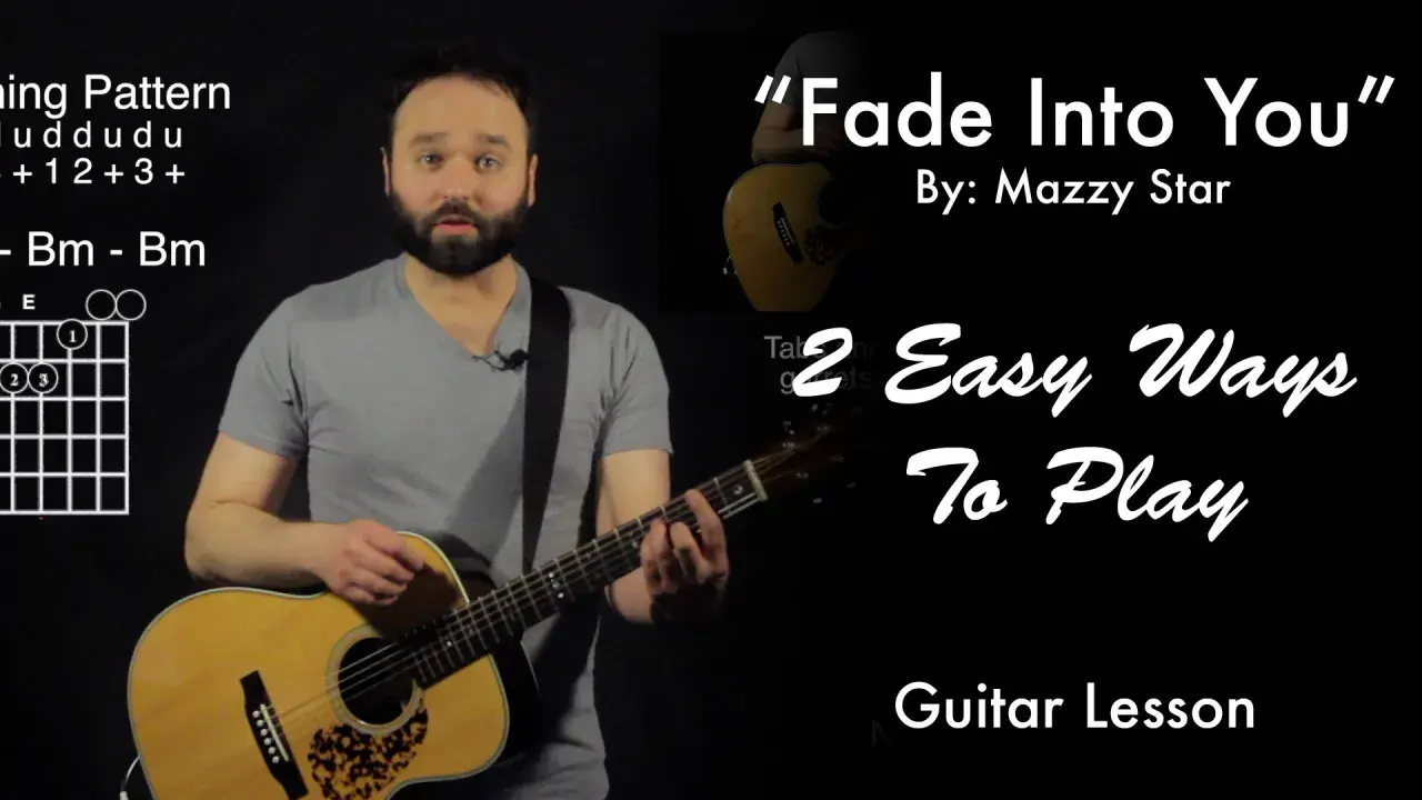 Lekcja gry na gitarze: "Fade Into You" Mazzy Star. Pokazane są akordy i schemat palcowania.