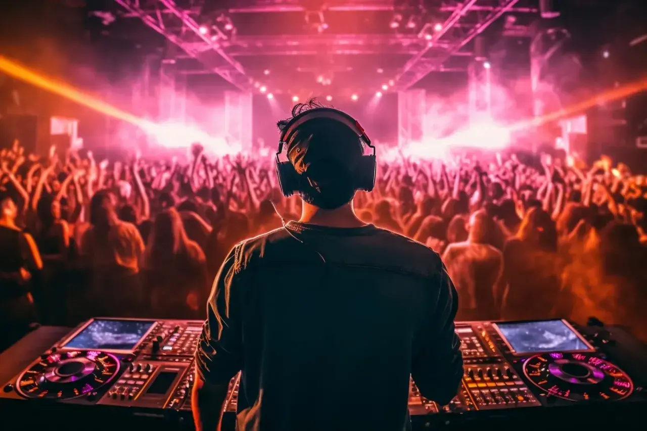 DJ w słuchawkach miksuje muzykę dla roztańczonego tłumu. Energetyczne światła i basy tworzą atmosferę klubową, idealną do zapomnienia o codzienności i zanurzenia się w rytmie. To miejsce, gdzie rodzą się niezapomniane izoteki.