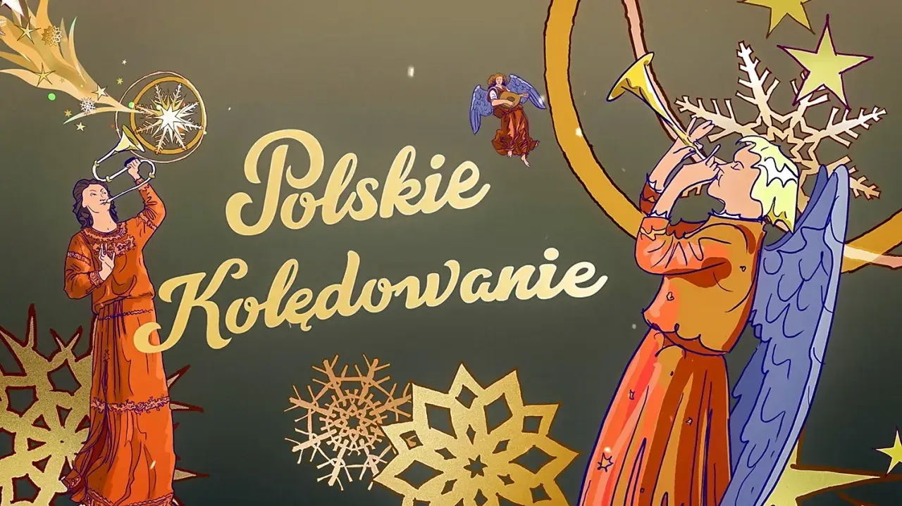 Aniołowie grający na trąbach i lutni, otoczeni płatkami śniegu i gwiazdami. Złoty napis "Polskie Kolędowanie" zapowiada listę tradycyjnych pieśni.