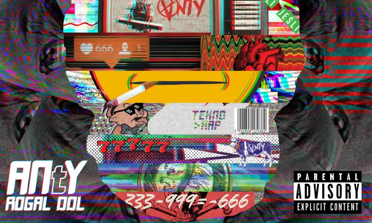 Rogal DDL wiek. Glitch art z twarzami, cyframi 666, symbolem anty, krową i napisem "ANTY".