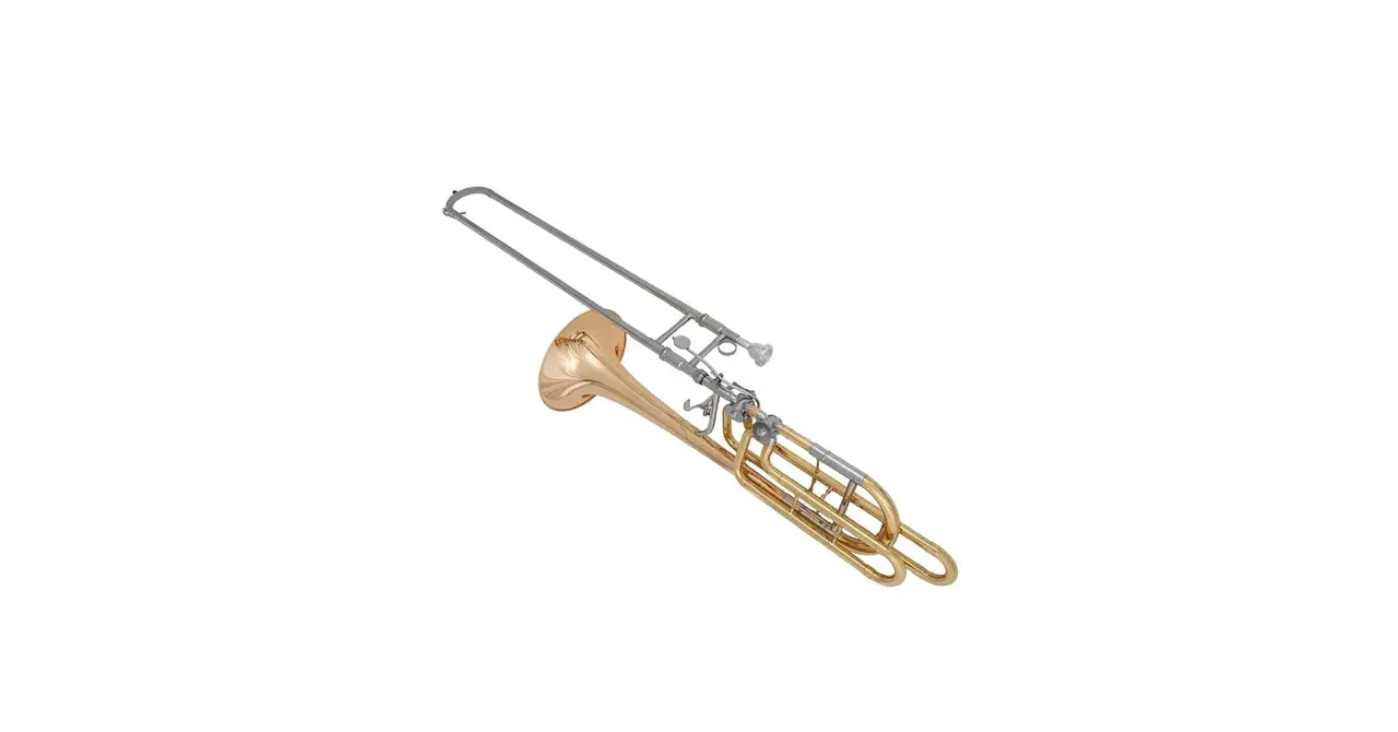Złoty instrument dęty z suwakiem, gotowy do wydobycia dźwięków.