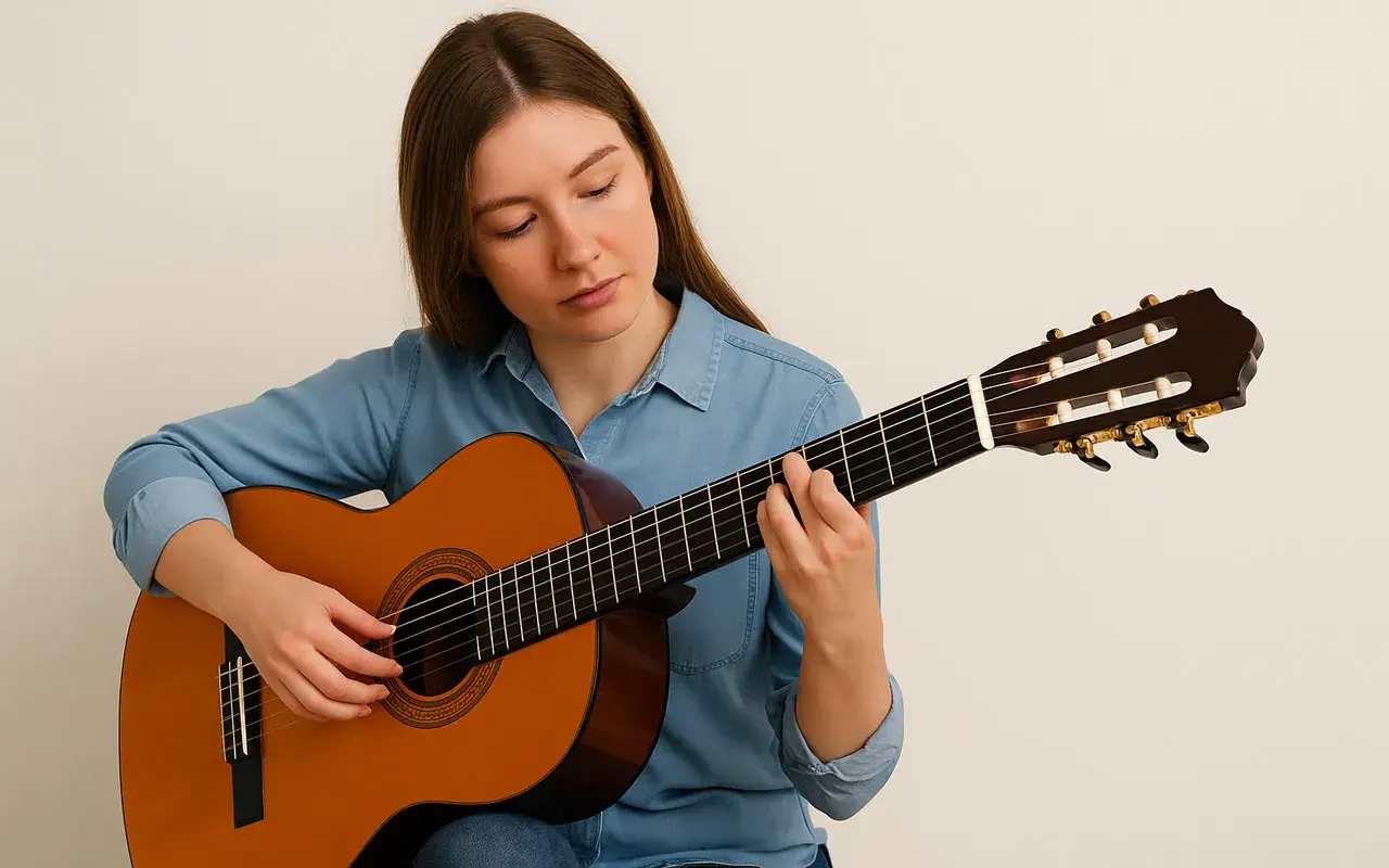 Dziewczyna gra na gitarze klasycznej, idealnej, by zacząć naukę.