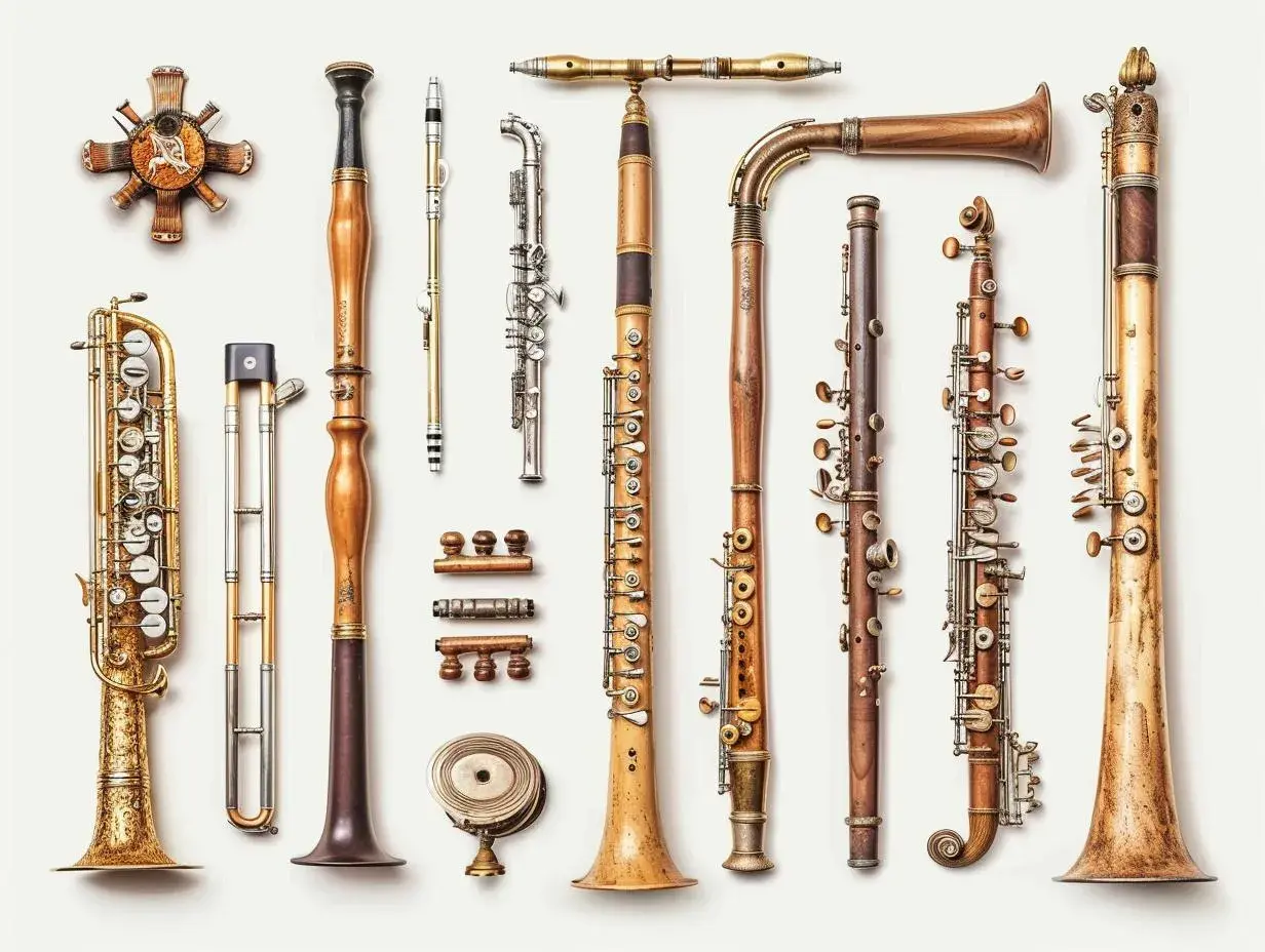 Różnorodne instrumenty dęte drewniane i blaszane, w tym klarnety, flety i saksofon, ułożone na białym tle.