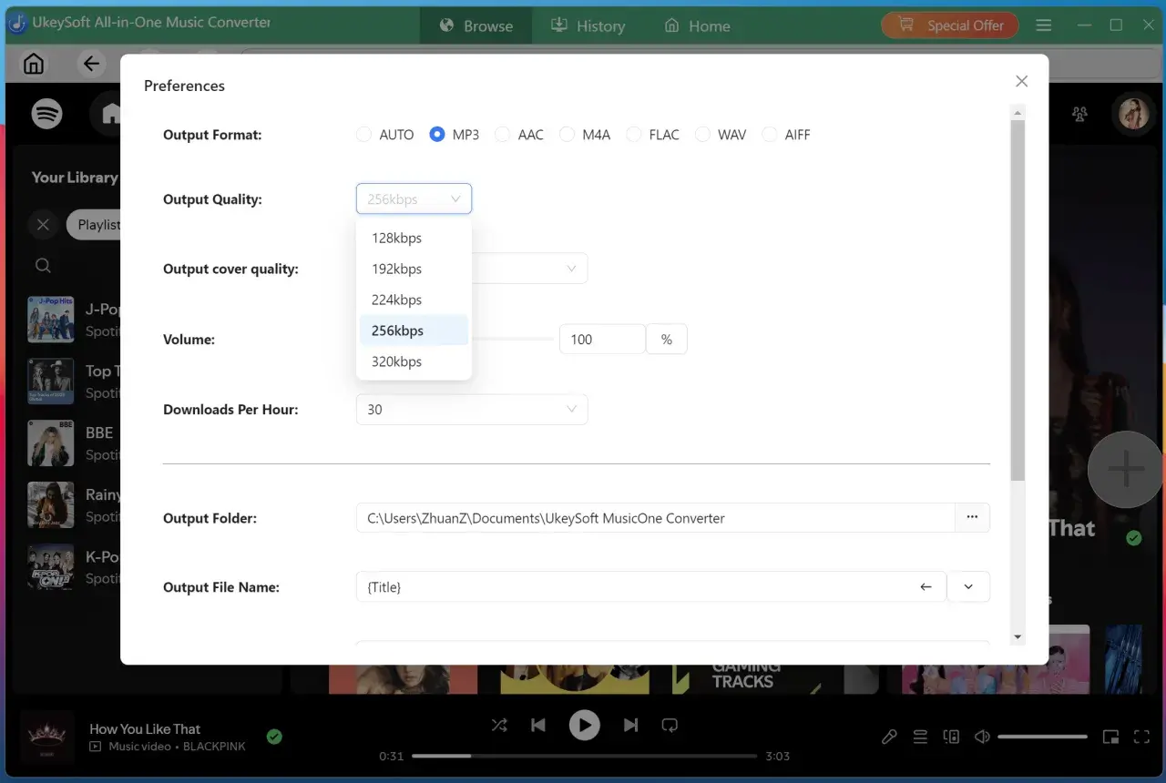 Ustawienia konwertera muzyki: format MP3, jakość 256kbps, idealne do pobierania k-pop utworów.