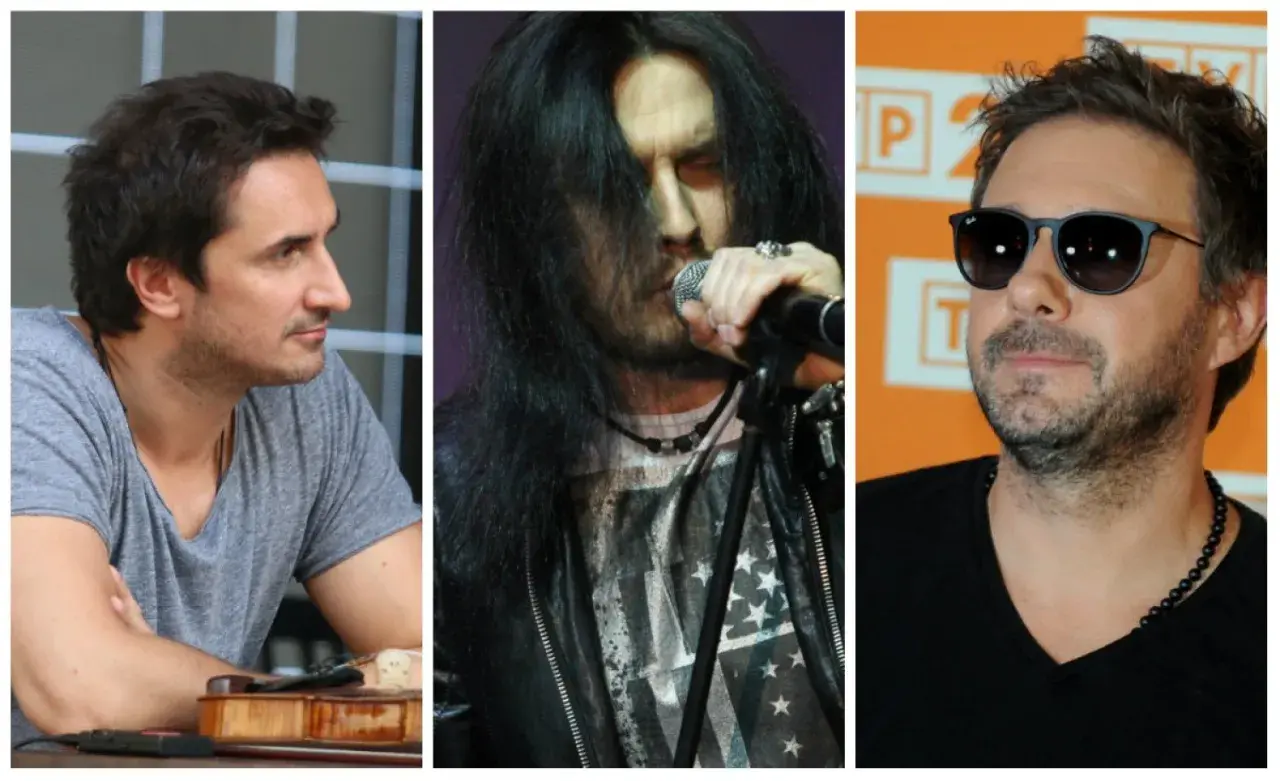 Trzech polscy piosenkarze lat 2000.: muzyk z gitarą, rockman z długimi włosami i wokalista w okularach.