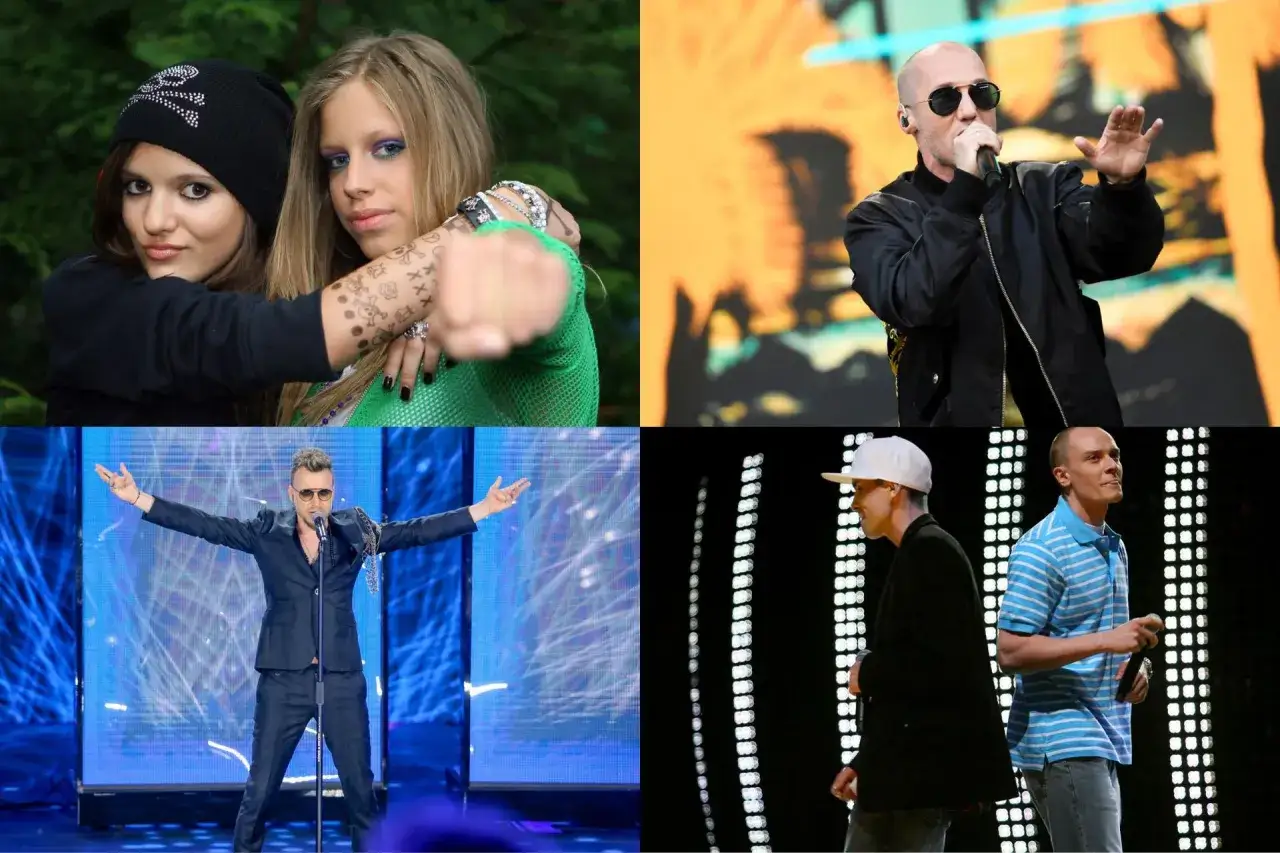 Polscy piosenkarze lat 2000: młode artystki, raperzy i wokalista rockowy na scenie.