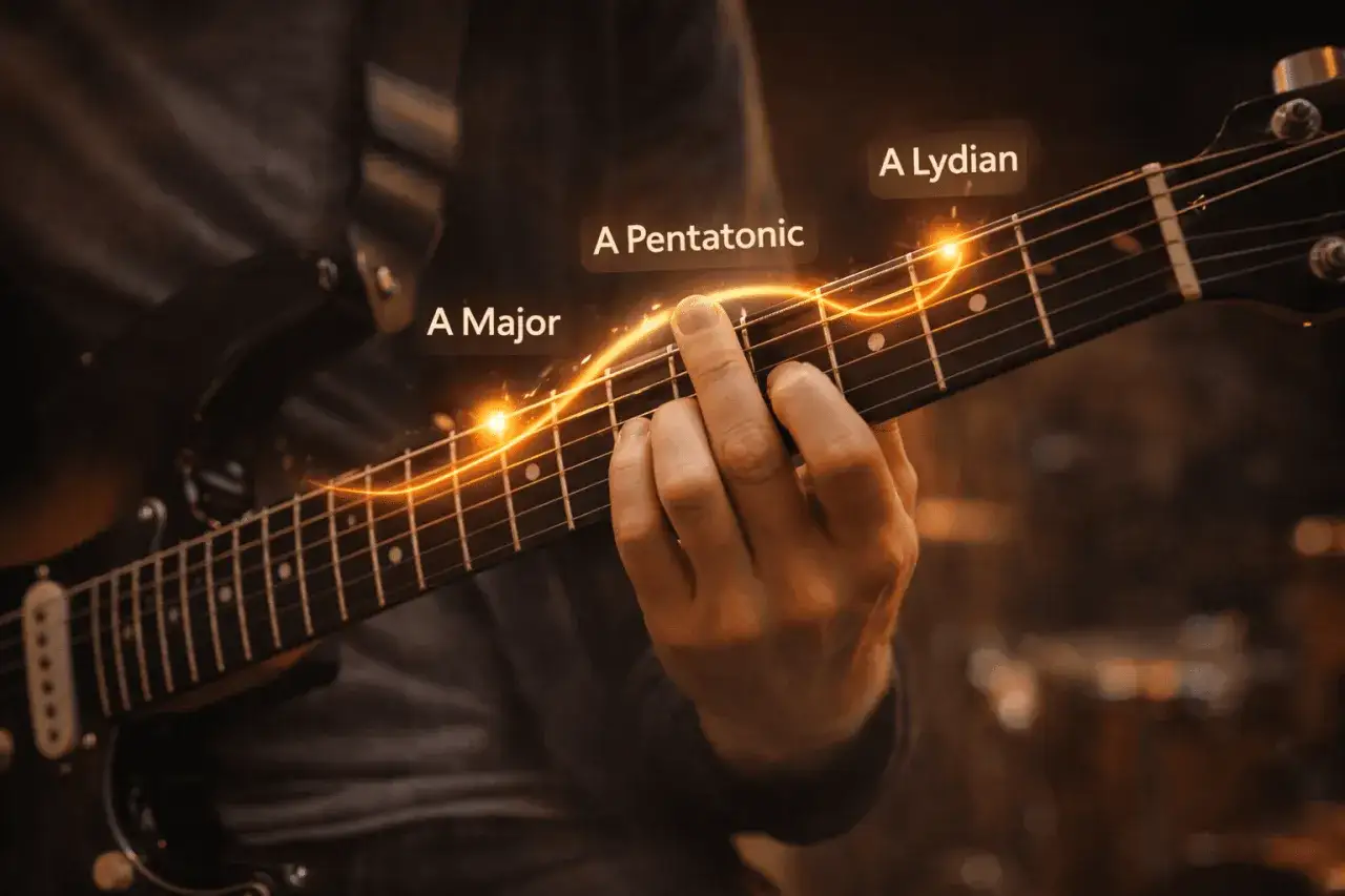 Dłoń grająca akord a dur na gitarze, z zaznaczonymi nutami A Pentatonic i A Lydian.