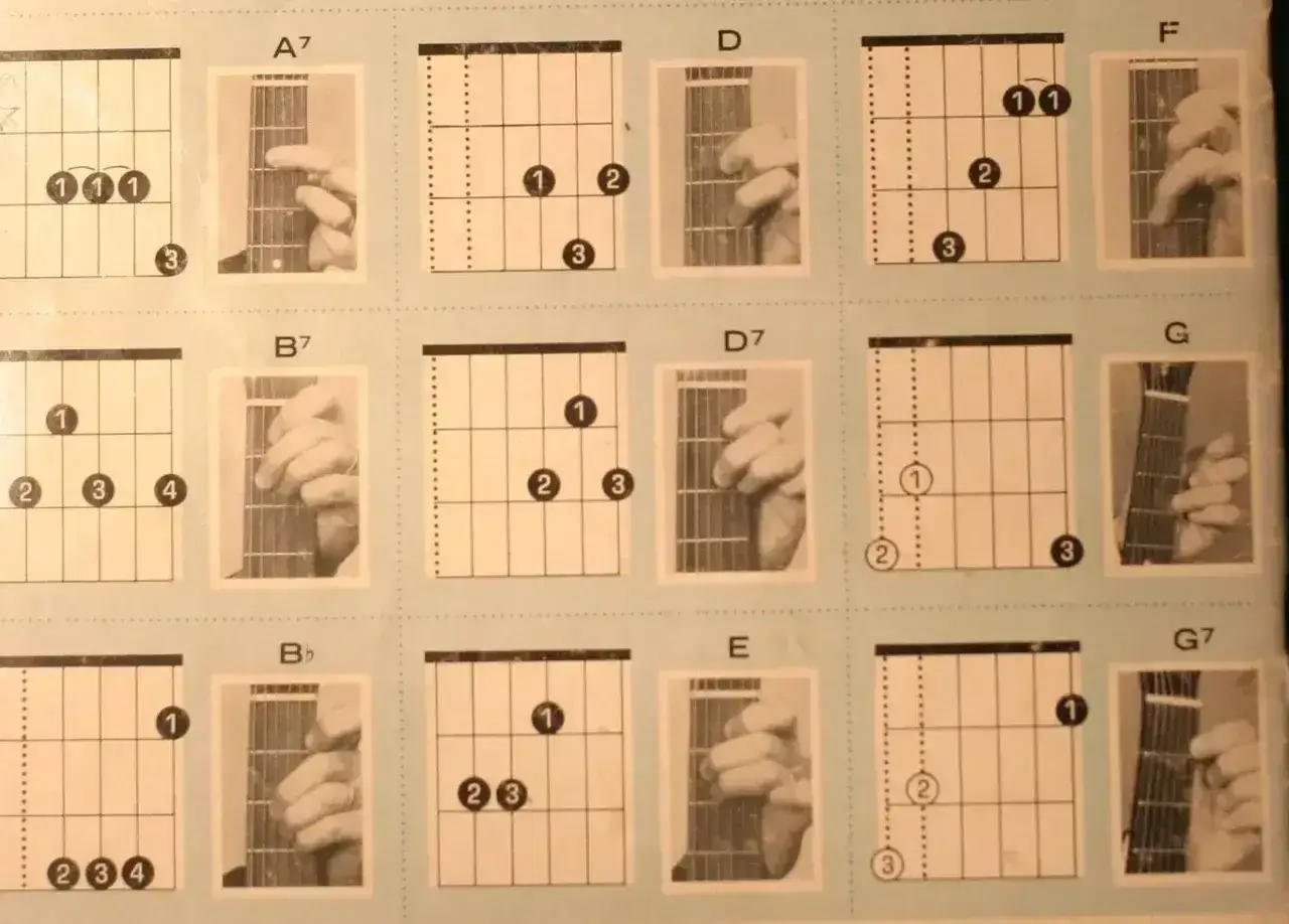 Diagramy akordów gitarowych: A7, B7, Bb, D, D7, E, F, G, G7. Nauka gry na gitarze zaczyna się od poznania podstawowych akordów.