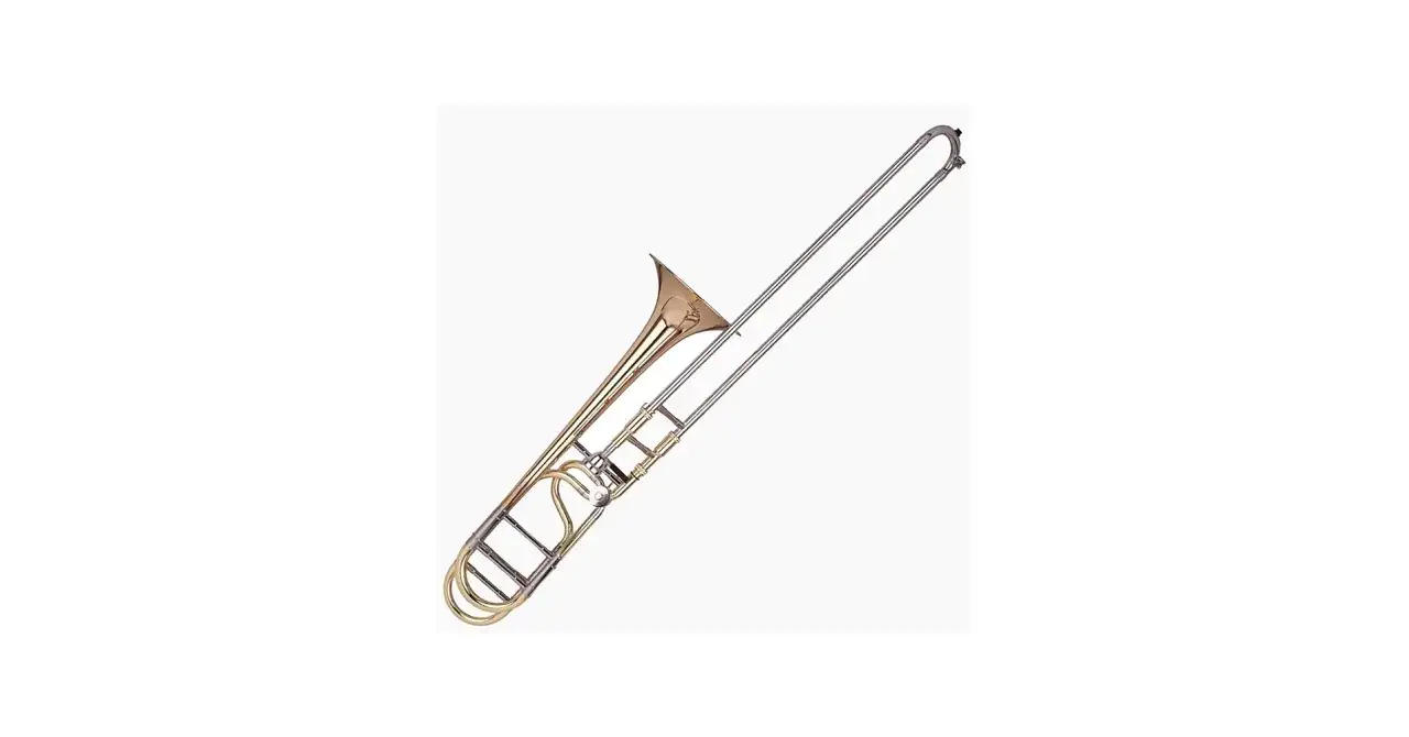 Instrument dęty z suwakiem, błyszczący, złoty puzon, gotowy do zagrania melodii.