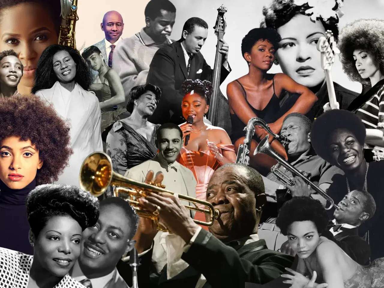 Ikony jazzu: Ella Fitzgerald, Louis Armstrong, Nina Simone i inni tworzą kolaż, który oddaje różnorodny styl w muzyce jazzowej.