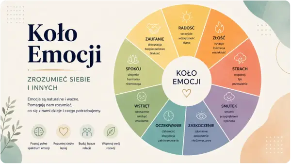 Koło Emocji: szczegółowa interpretacja uczuć od radości po smutek, pomagająca zrozumieć siebie i innych.